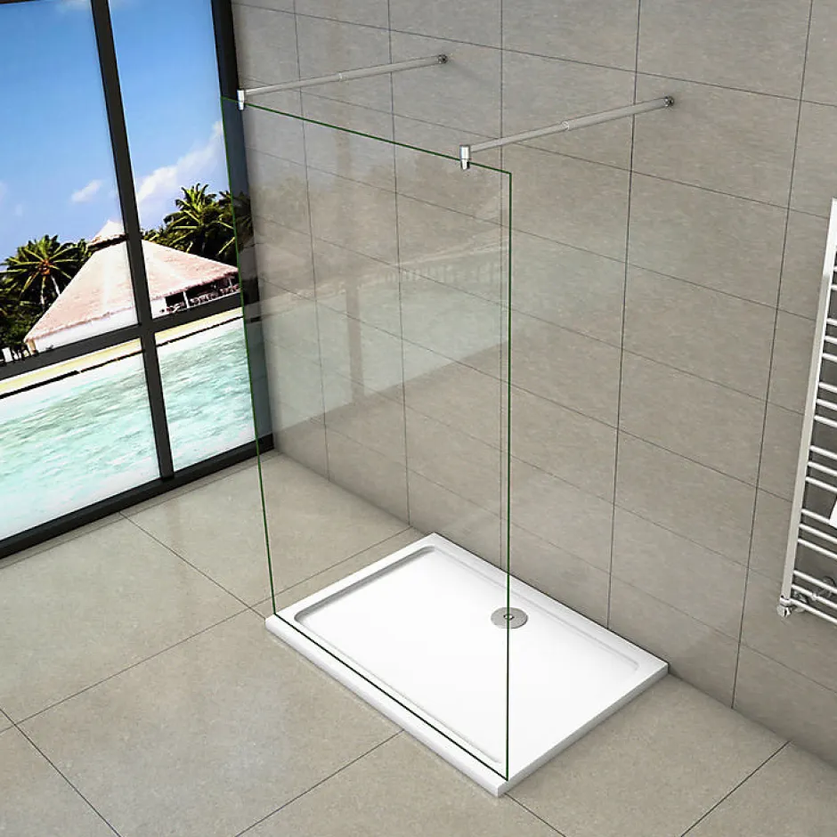 AICA Sanitaire Paroi de douche à l'italienne 2 côtés ouvrants - Verre 8mm anticalcaire - 2 barres de fixation 70-120 cm - 148x200 cm
