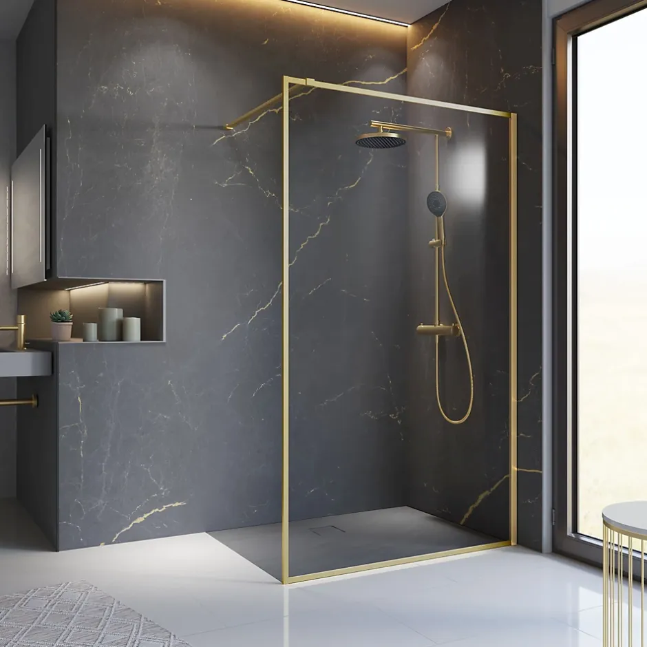 Paroi de douche à l'italienne transparente, profilé doré 90 cm, Schulte Impériale Contoura