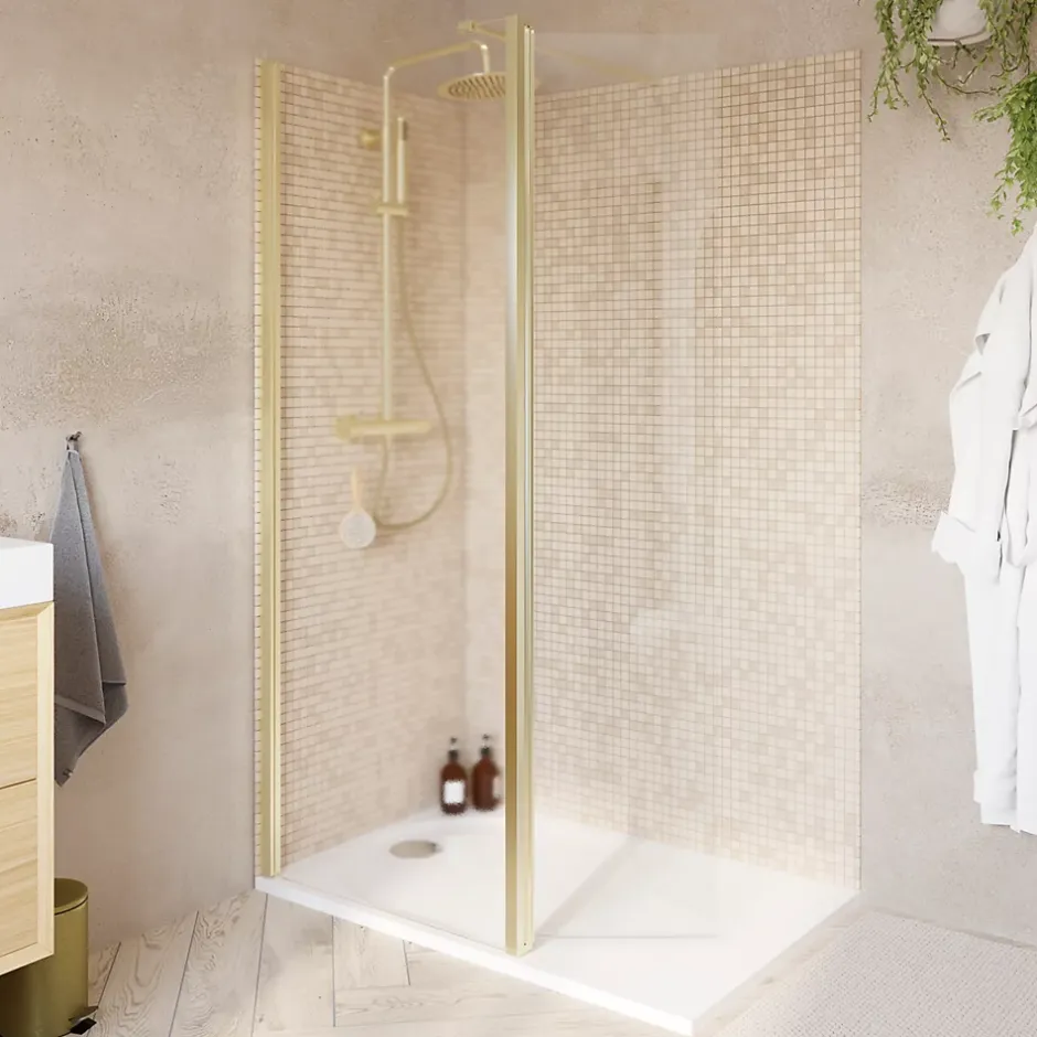 Paroi de douche à l'italienne + volet pivotant l.80+45 x 195 cm, profilés alu finition doré brossé, GoodHome Ledava* Paroi De Douche