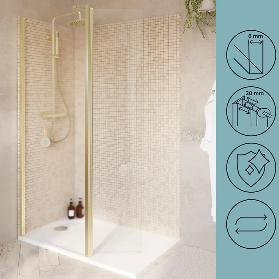 Paroi de douche à l'italienne + volet pivotant l.80+45 x 195 cm, profilés alu finition doré brossé, GoodHome Ledava* Paroi De Douche