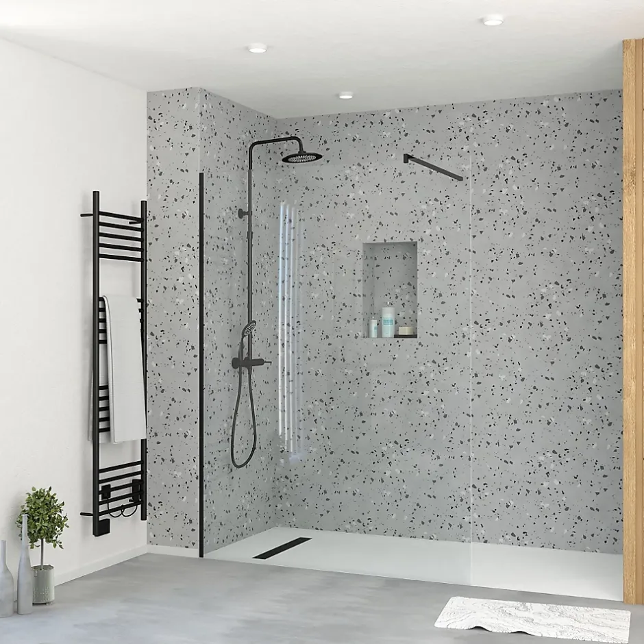 Paroi de douche à l'italienne H.195 x l.140 cm, ép. 5 mm, profilé noir, Galedo Essentiel