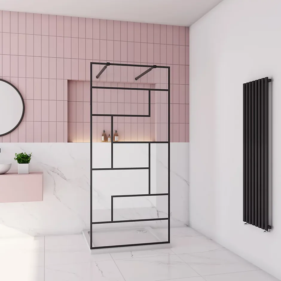 Paroi de douche à l'italienne 100x200cm avec 2 barre de fixation carrée 73-120cm,8mm verre anticalcaire,style atelier -Noir mat