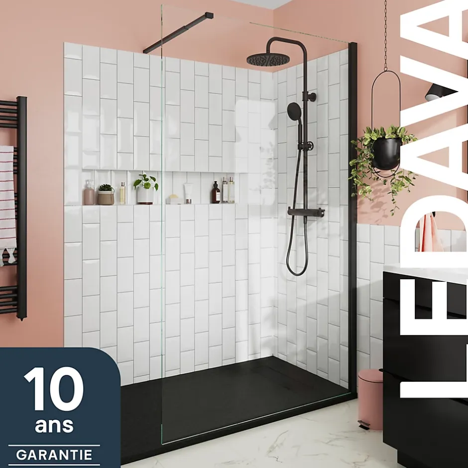 Paroi de douche à l'italienne fixe l.100 x H.195 cm, verre transparent, profilés alu noir, GoodHome Ledava* Paroi De Douche