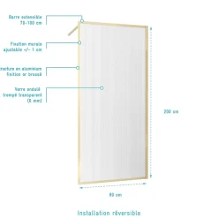 Paroi de douche à l'italienne l.90 x H.200 cm verre ondulé et profilés doré brossé, Galedo Golden Edge