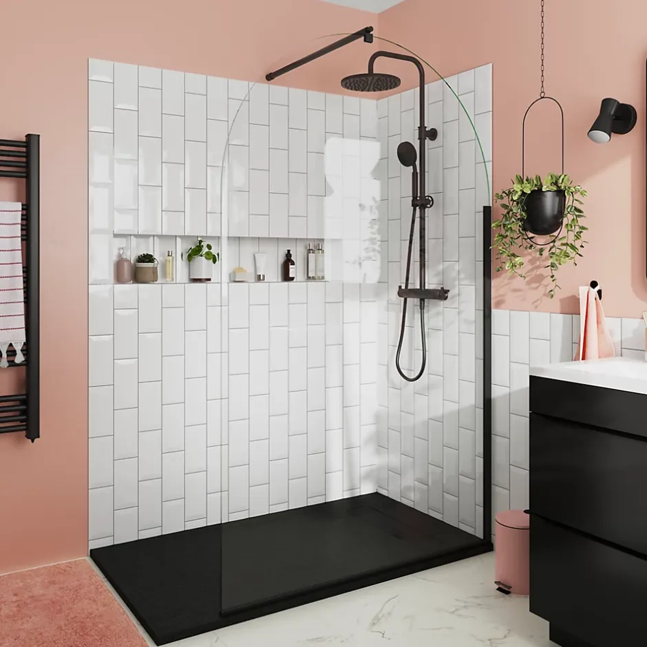 Paroi de douche à l'italienne arrondie l.120 x 198 cm, profilés alu finition noir mat, GoodHome Ledava* Paroi De Douche