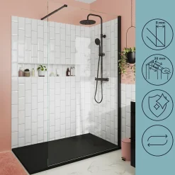 Paroi de douche à l'italienne fixe l.120 x H.195 cm, verre transparent, profilés alu noir, GoodHome Ledava