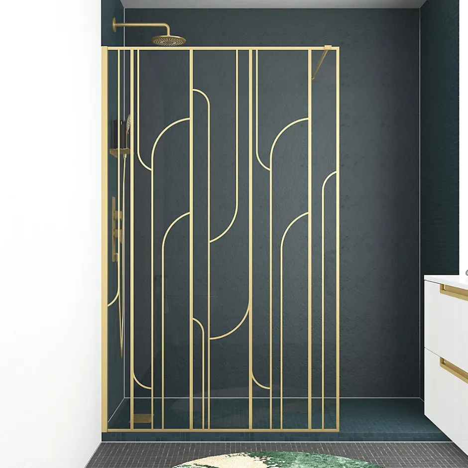 Paroi de douche à l'italienne fixe l.120 x H.195 cm, motifs art déco, doré brossé, Galedo Art Deco