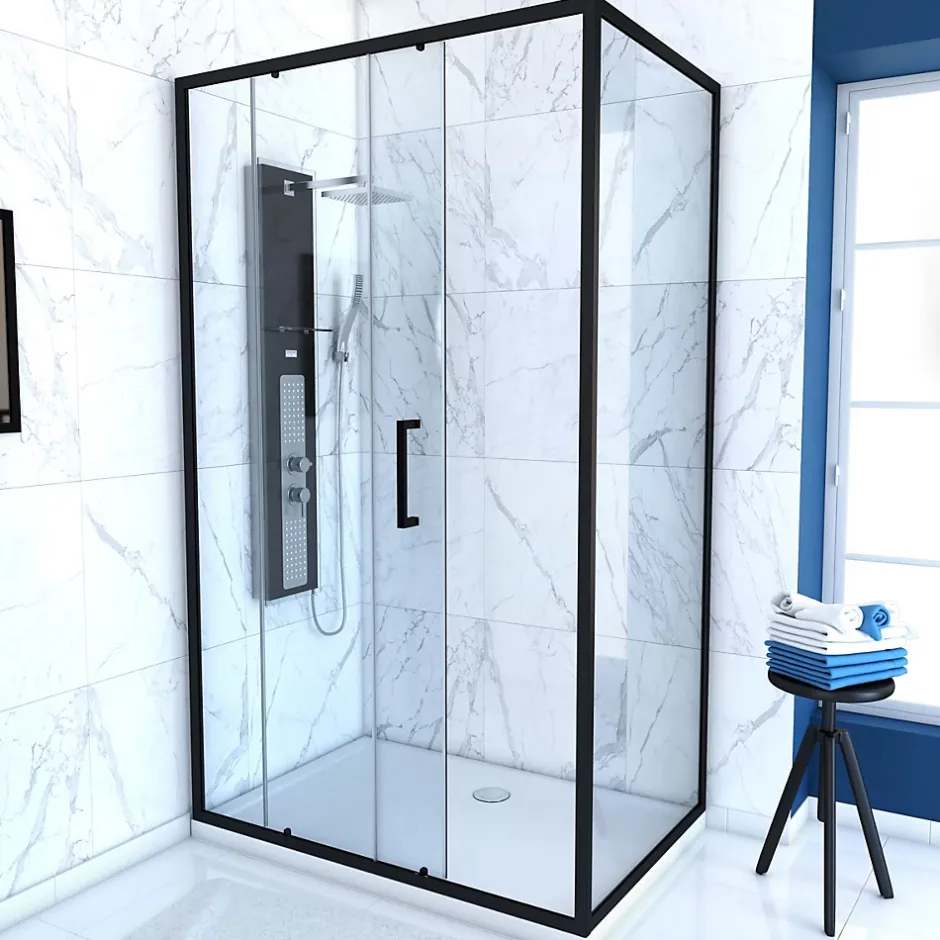 Aurlane Paroi de douche 1 porte coulissante + Retour 120x80x200 cm - Verre 6 mm - Profilé Noir - CRUSH* Paroi De Douche