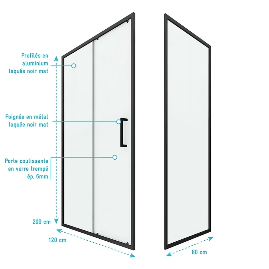 Aurlane Paroi de douche 1 porte coulissante + Retour 120x80x200 cm - Verre 6 mm - Profilé Noir - CRUSH* Paroi De Douche