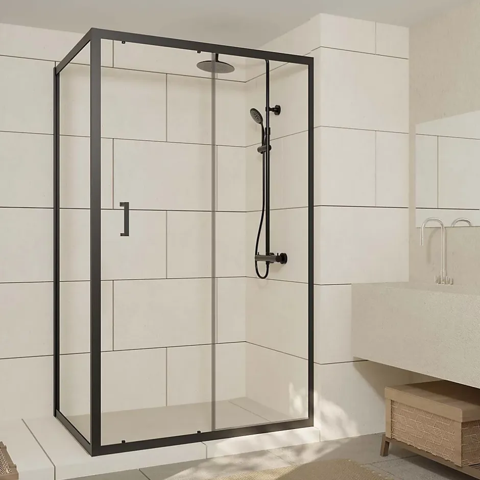 Aurlane Paroi de douche 1 porte coulissante + Retour 120x90x200 cm - Verre 6 mm - Profilé Noir - CRUSH* Paroi De Douche