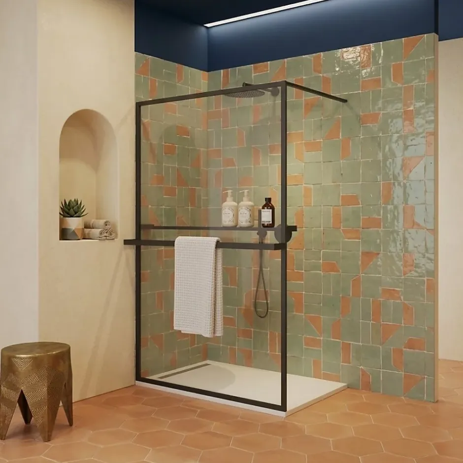 Essebagno Paroi de douche 120 x 200 avec Porte Serviette et Porte Savon cadre complet Noire* Paroi De Douche