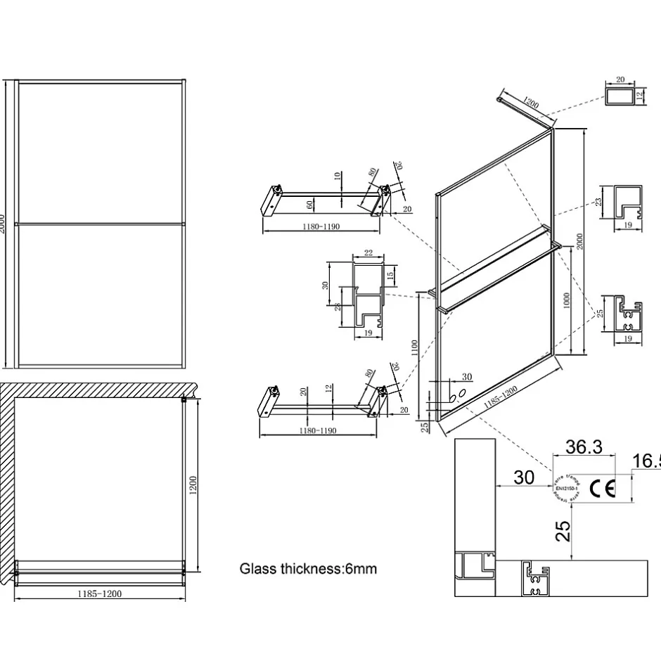 Essebagno Paroi de douche 120 x 200 avec Porte Serviette et Porte Savon cadre complet Noire* Paroi De Douche