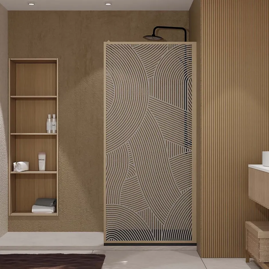 Aurlane Paroi de douche 90 x 200 HINATA - style Japandi courbes douces - Cadre effet Bois - Verre 6mm