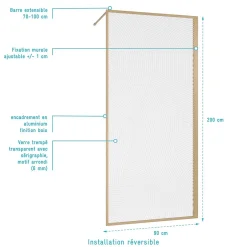 Aurlane Paroi de douche 90 x 200 HINATA - style Japandi courbes douces - Cadre effet Bois - Verre 6mm