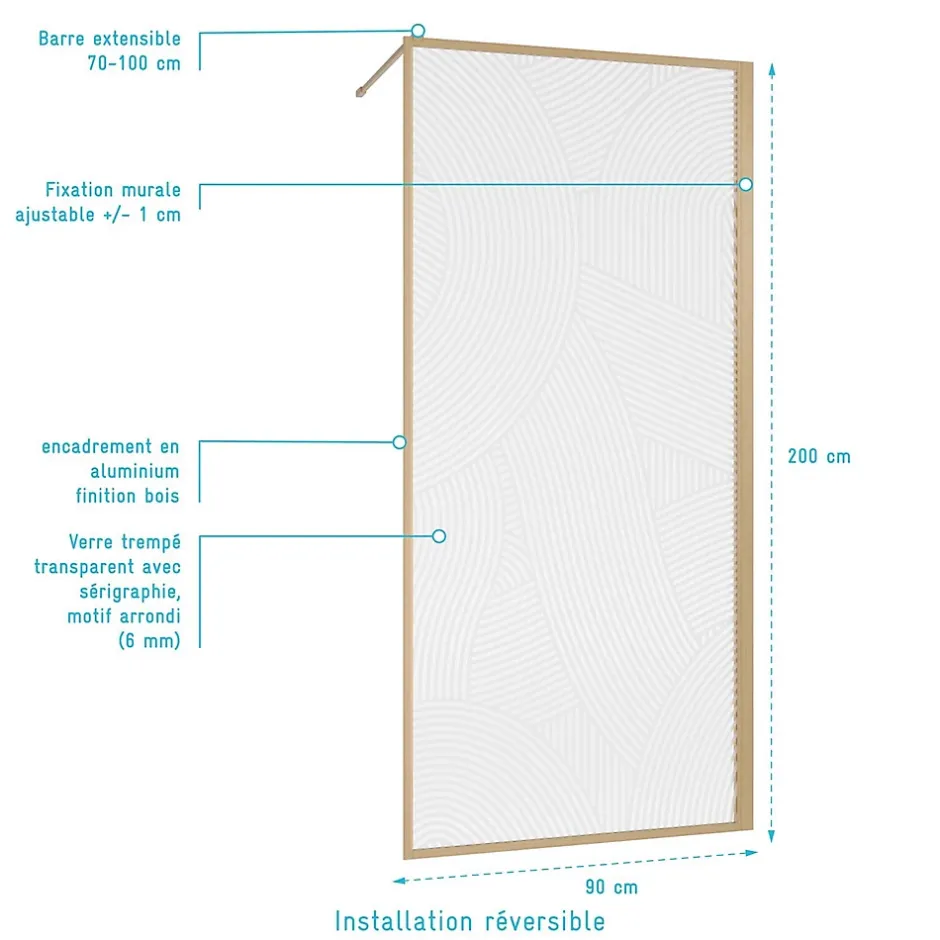 Aurlane Paroi de douche 90 x 200 HINATA - style Japandi courbes douces - Cadre effet Bois - Verre 6mm