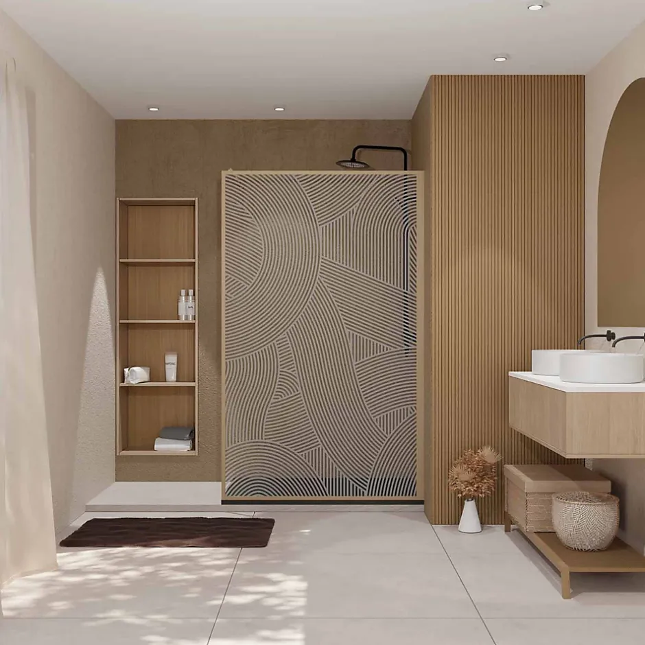 Aurlane Paroi de douche 120 x 200 HINATA style Japandi courbes douces - Cadre effet Bois - Verre 6mm