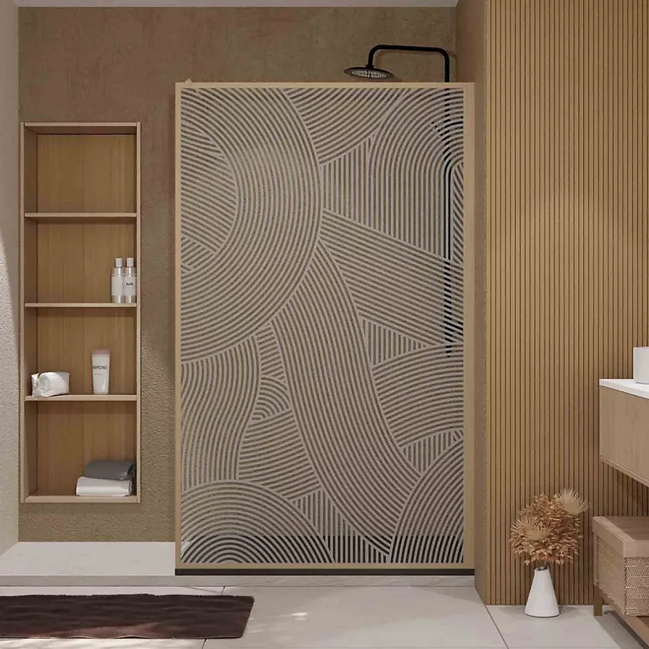 Aurlane Paroi de douche 120 x 200 HINATA style Japandi courbes douces - Cadre effet Bois - Verre 6mm