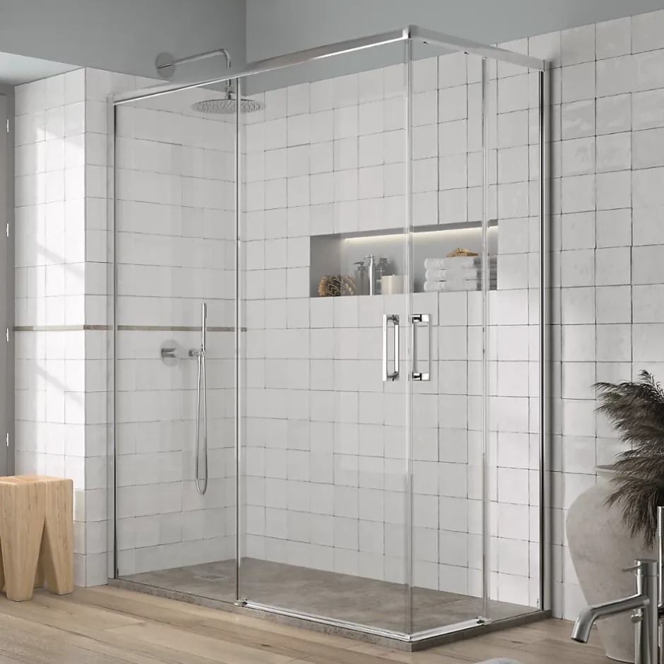 Kassandra Paroi de douche accès en angle 2 verres fixes + 2 portes coulissantes YOKO 80 x 70 cm