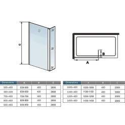 Paroi de douche avec 40 cm retour pivotant - 90 x 200 cm - 8 mm Verre effet Brume, finition chrome avec barre de fixation 140cm