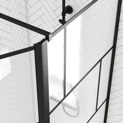 Aurlane Paroi de douche avec pivot 80+40x195cm - Sérigraphie type Briques et Profilés Noir - DARK BLOCKS