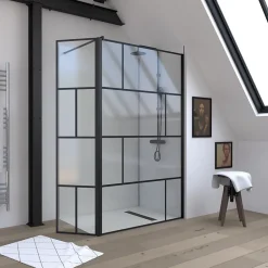 Aurlane Paroi de douche avec pivot 120+40x195cm - Sérigraphie type Briques et Profilés Noir - DARK BLOCKS* Paroi De Douche