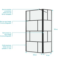Aurlane Paroi de douche avec pivot 100+40x195cm - Sérigraphie type Briques et Profilés Noir - DARK BLOCKS