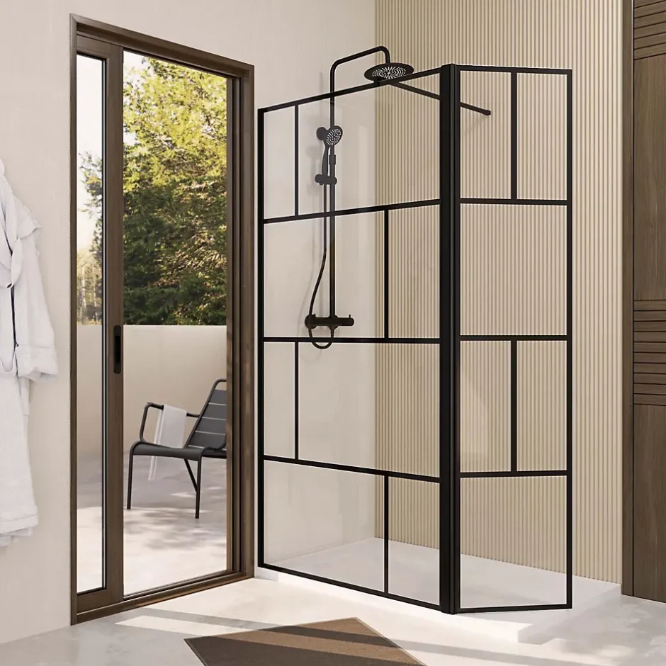 Aurlane Paroi de Douche avec Volet Pivotant 100+40x195cm - Verre 8mm Anticalcaire - Motifs et Profilés Noir