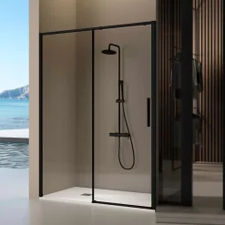 Kassandra Paroi de douche coulissante DELTA - Noir Mat - 157-159.6 cm - Fermeture amortie - Réversible - Anticalcaire