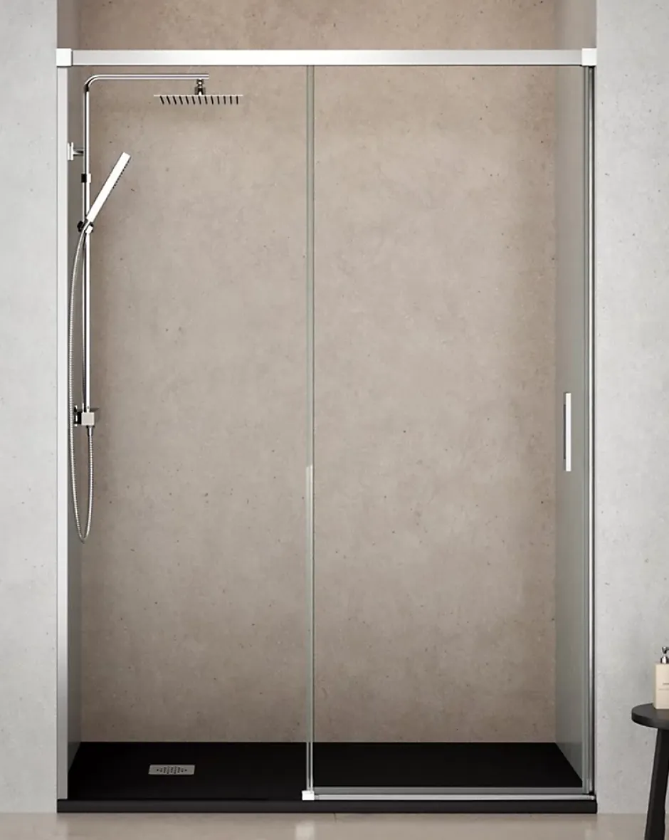 Baño Total Paroi de douche coulissante 1 porte 1 fixe 1 porte 140 cm (Adaptable 134-139cm) Verre 6 mm clair anti-calcaire Profil Chrome* Porte De Douche