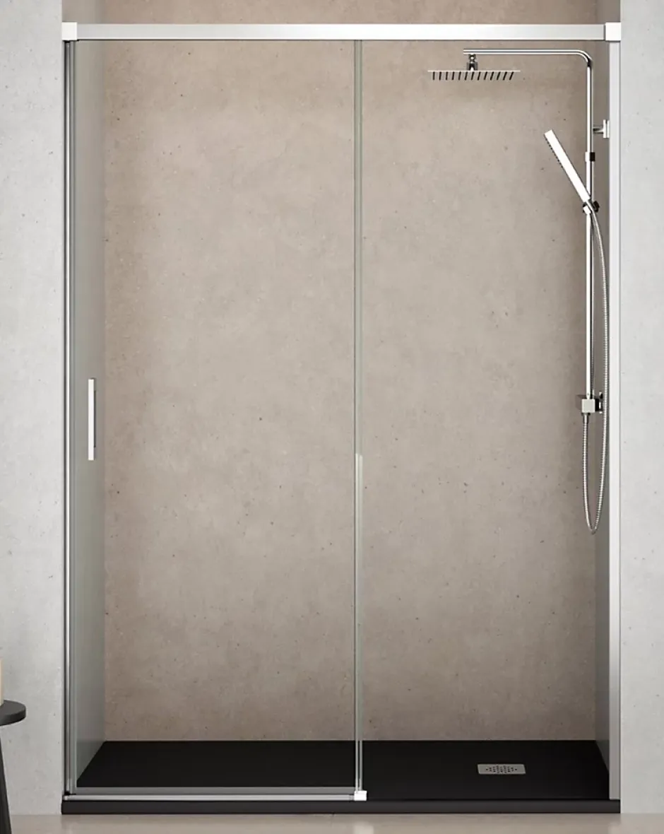 Baño Total Paroi de douche coulissante 1 porte 1 fixe 1 porte 140 cm (Adaptable 134-139cm) Verre 6 mm clair anti-calcaire Profil Chrome* Porte De Douche