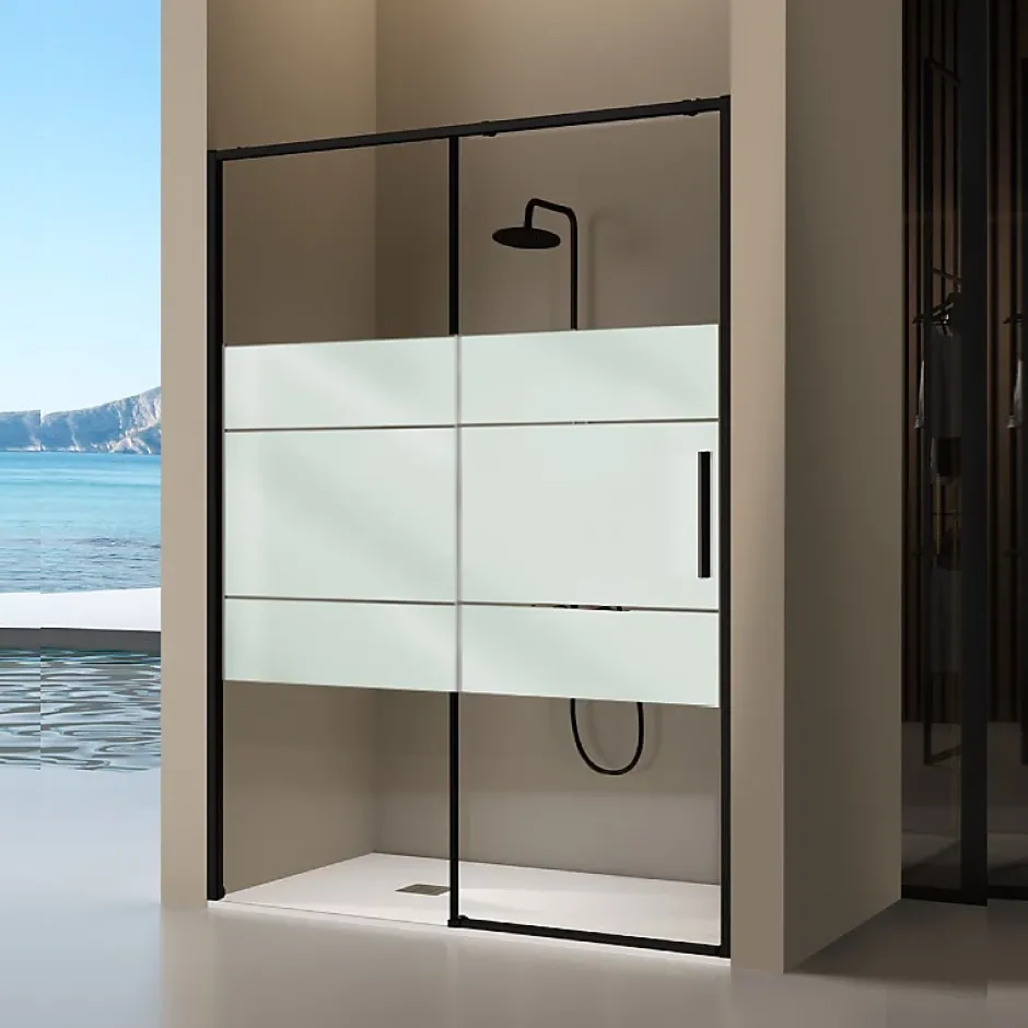 Kassandra Paroi de douche coulissante DELTA - Noir Mat - Sérigraphié - 113-115.6 cm - Fermeture amortie - Réversible - Anticalcaire