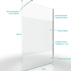 Aurlane Paroi de Douche Dépolie 140x200cm + Barre de fixation extensible - Verre 8mm - Finition Chrome* Paroi De Douche