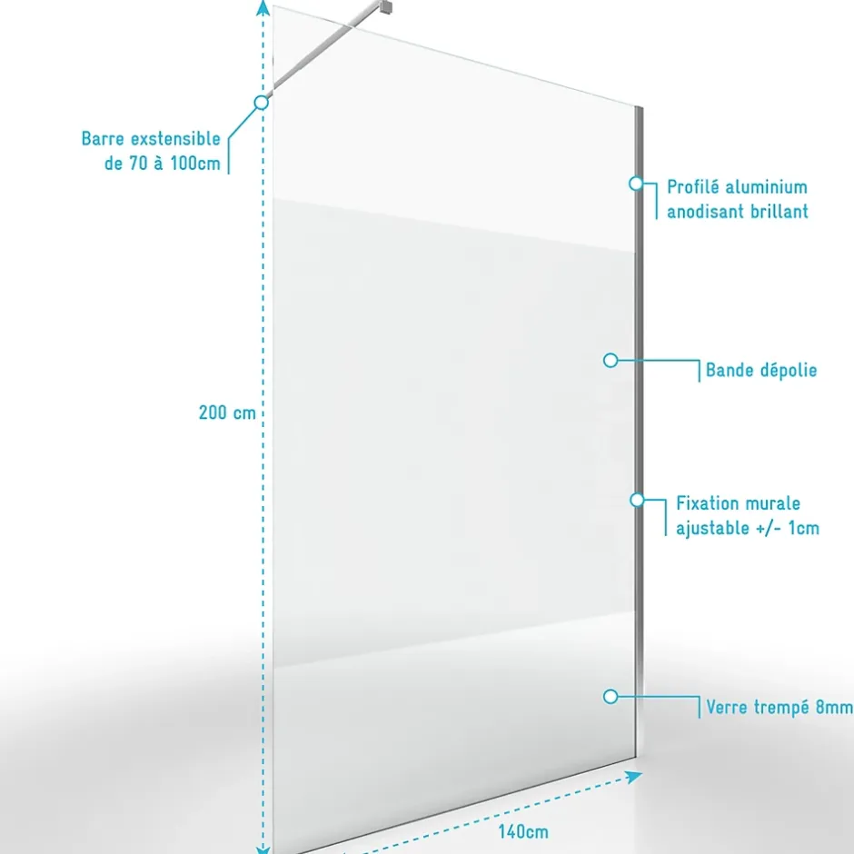 Aurlane Paroi de Douche Dépolie 140x200cm + Barre de fixation extensible - Verre 8mm - Finition Chrome* Paroi De Douche
