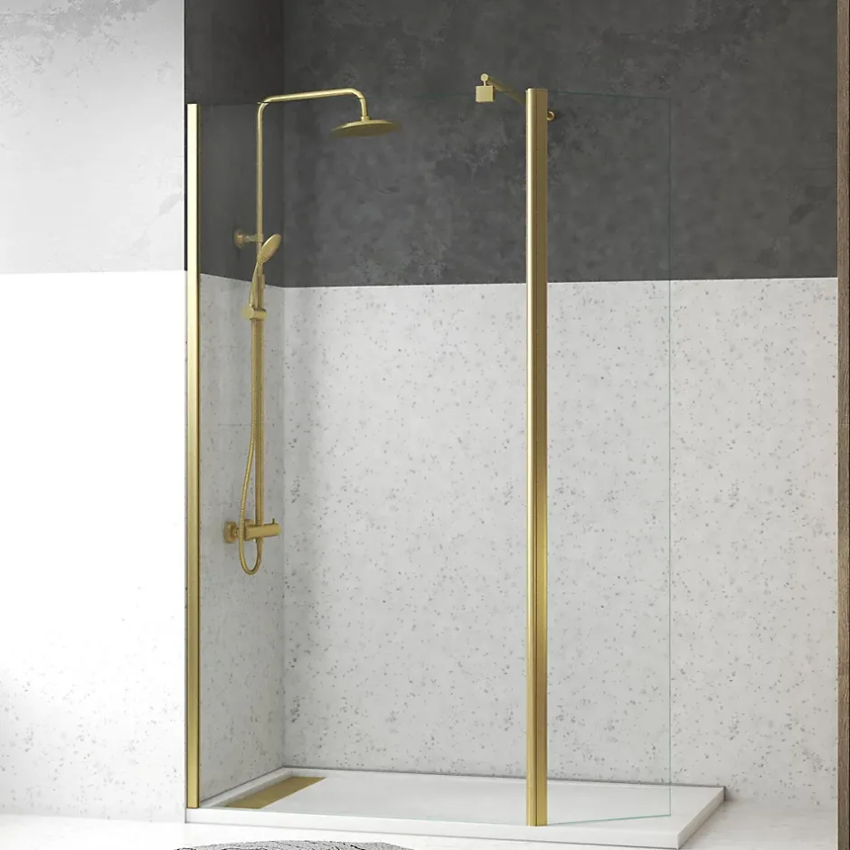 Aurlane Paroi de Douche et Volet Pivotant 100+40x200 cm - Profilé + Barre de Fixation Or Doré Brossé