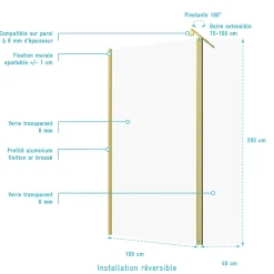Aurlane Paroi de Douche et Volet Pivotant 100+40x200 cm - Profilé + Barre de Fixation Or Doré Brossé