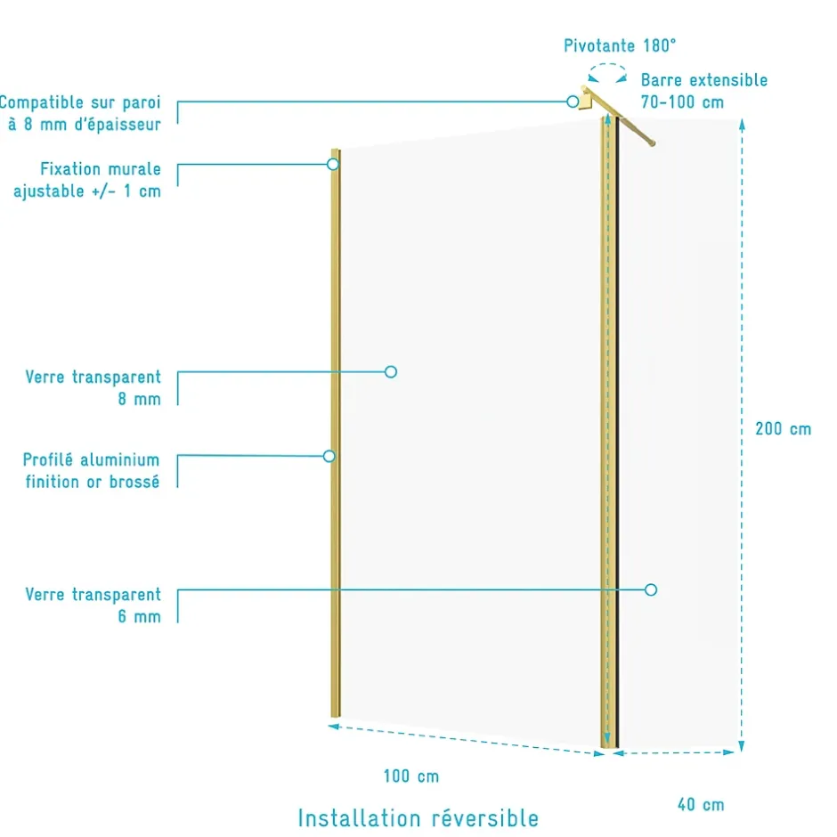 Aurlane Paroi de Douche et Volet Pivotant 100+40x200 cm - Profilé + Barre de Fixation Or Doré Brossé