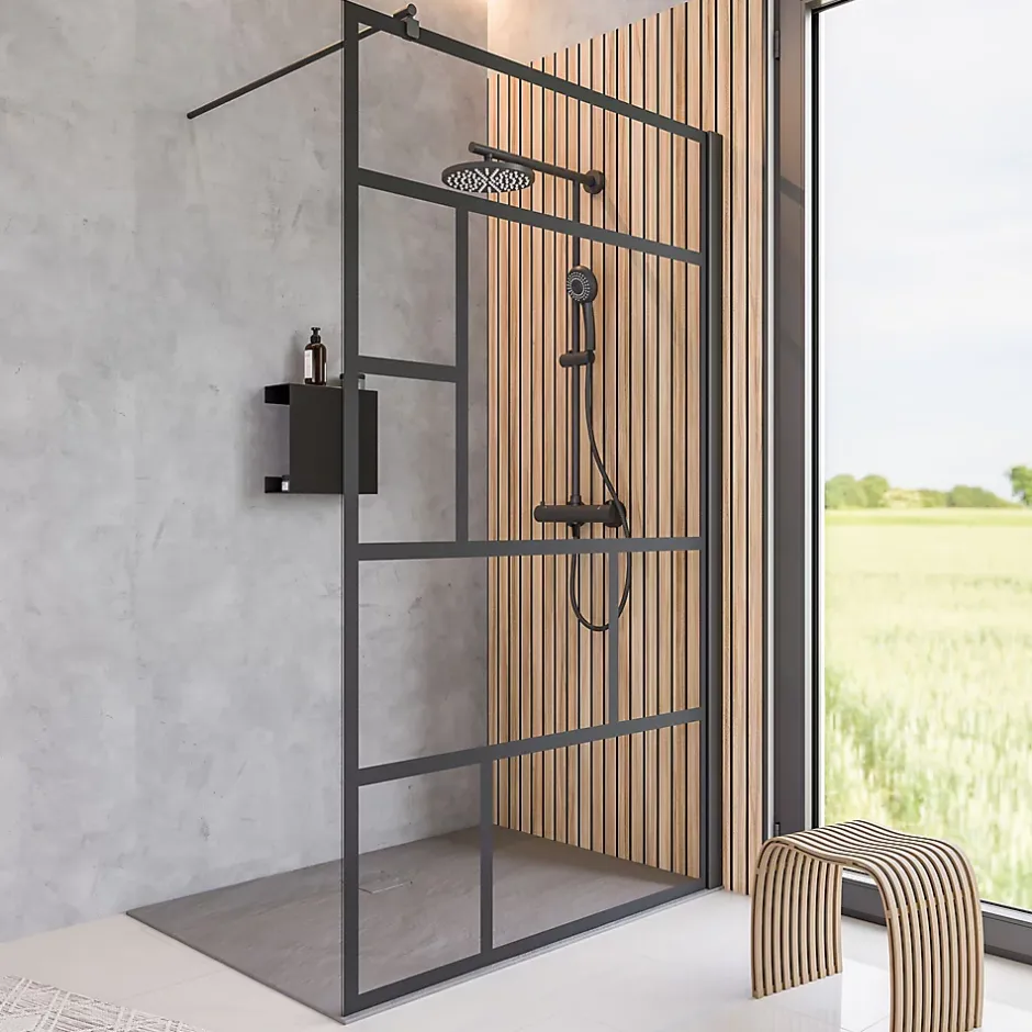 Paroi de douche fixe à l'italienne l.140xH.200cm, Walk In verrière atelier, verre transparent anticalcaire 6mm, profilé noir mat, Schulte NewStyle