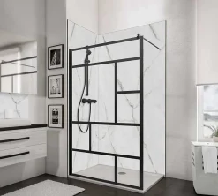 Paroi de douche fixe à l'italienne l.140xH.200cm, Walk In verrière atelier, verre transparent anticalcaire 6mm, profilé noir mat, Schulte NewStyle