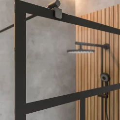 Paroi de douche fixe à l'italienne l.140xH.200cm, Walk In verrière atelier, verre transparent anticalcaire 6mm, profilé noir mat, Schulte NewStyle