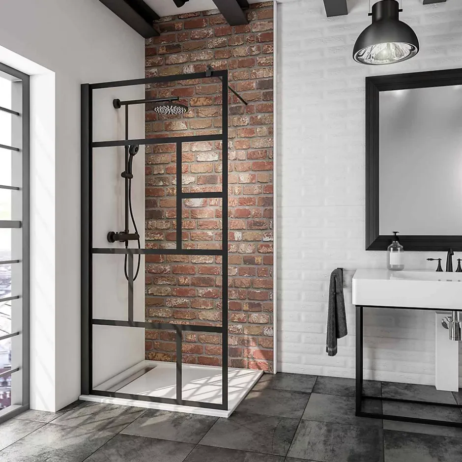 Paroi de douche fixe à l'italienne l.120xH.200cm, Walk In verrière atelier, verre transparent anticalcaire 6mm, profilé noir mat, Schulte NewStyle* Paroi De Douche