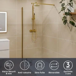 Cuisibane Paroi de douche fixe dorée 110 cm x 200 cm GOLDY - Verre 8 mm
