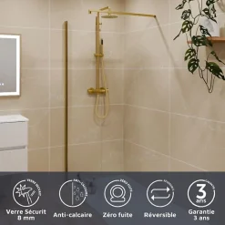 Cuisibane Paroi de douche fixe dorée 100 cm x 200 cm GOLDY - Verre 8 mm