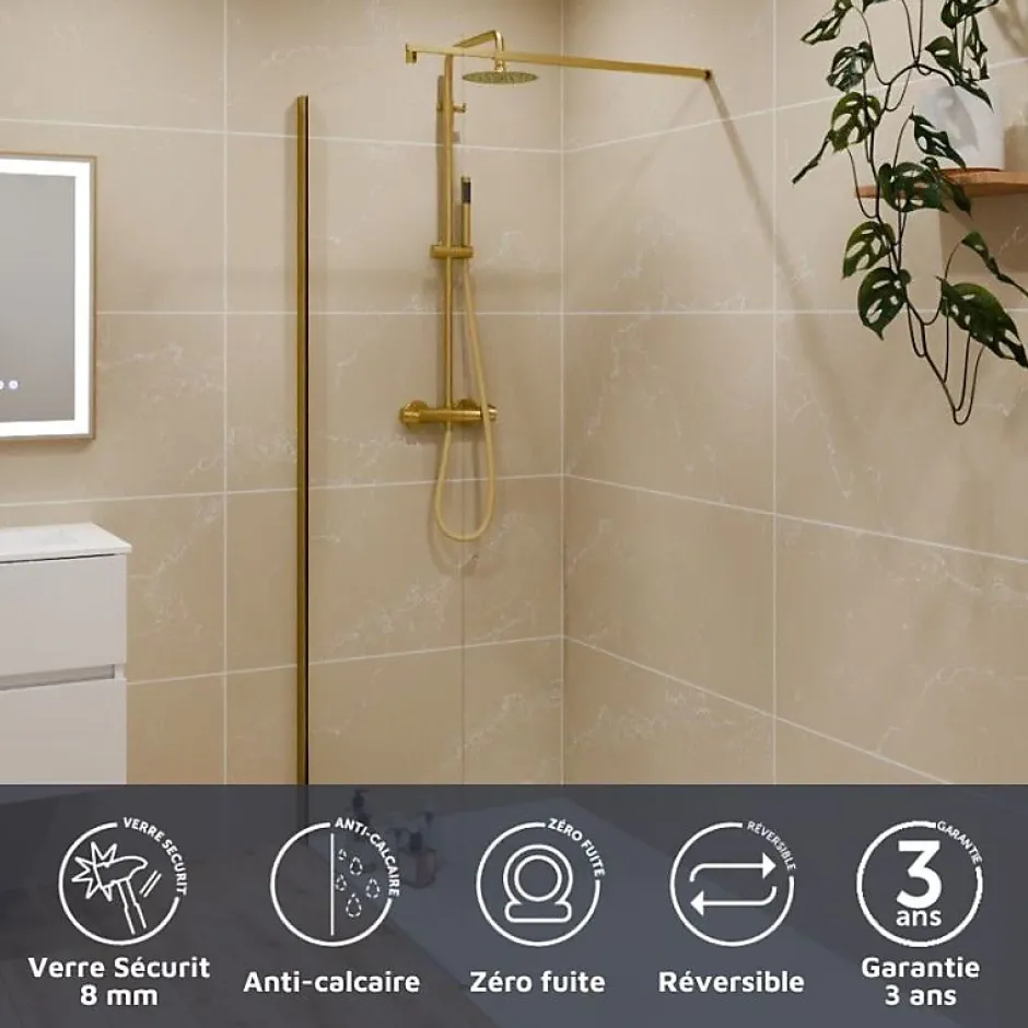 Cuisibane Paroi de douche fixe dorée 100 cm x 200 cm GOLDY - Verre 8 mm