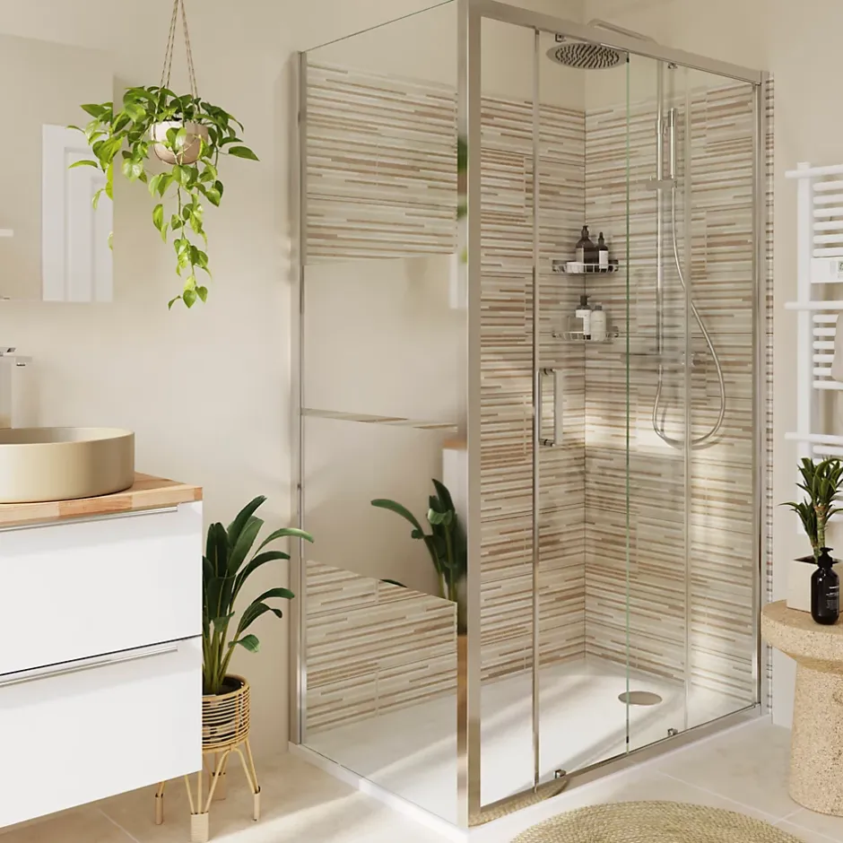 GoodHome Paroi de douche fixe l.90 x H.195 cm, bandes miroir, profilés alu chrome, Ledava