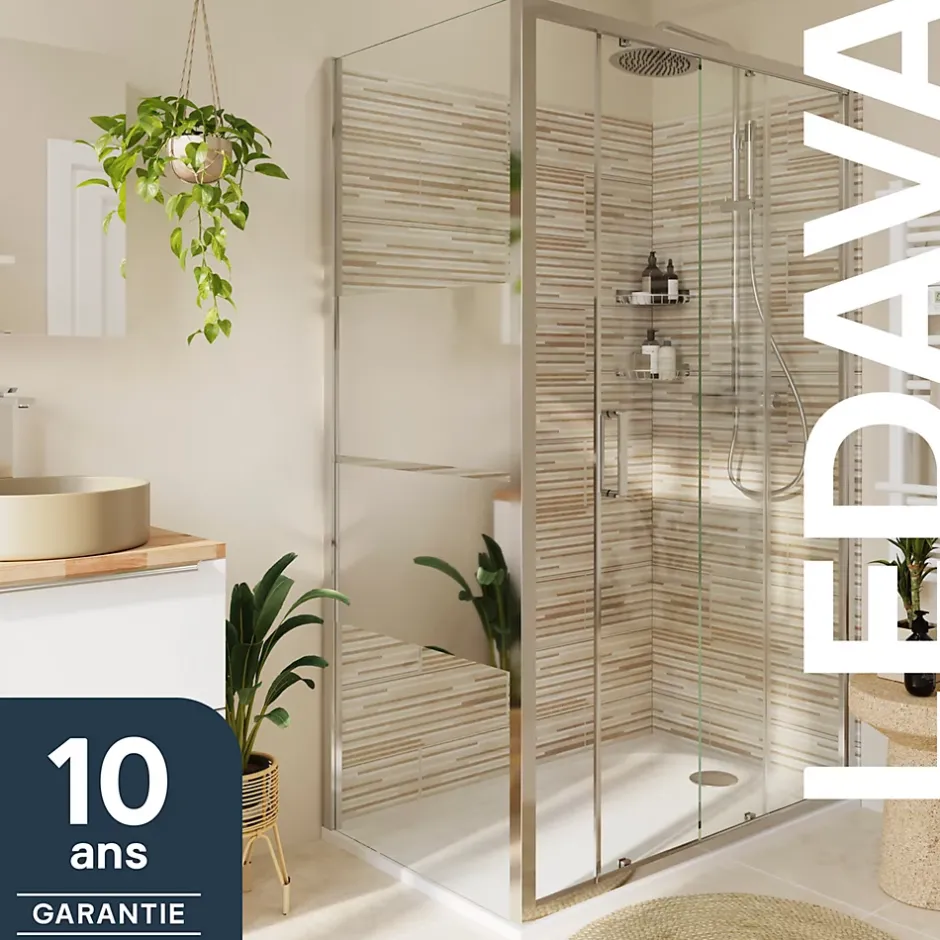 GoodHome Paroi de douche fixe l.90 x H.195 cm, bandes miroir, profilés alu chrome, Ledava
