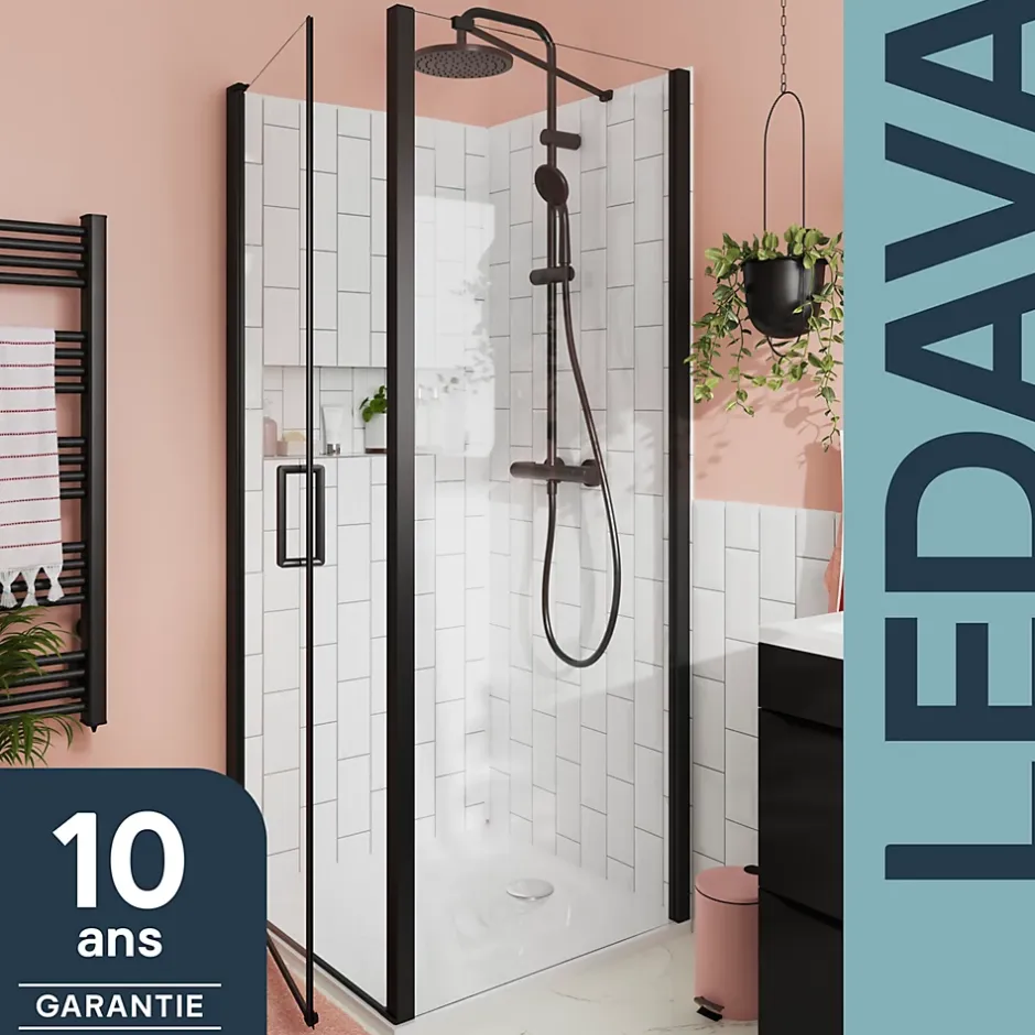 GoodHome Paroi de douche fixe l.90 x H.195 cm, verre transparent, profilés alu noir, Ledava