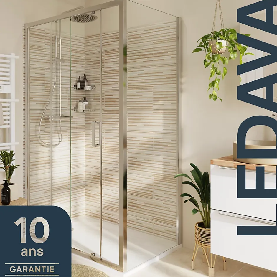 GoodHome Paroi de douche fixe l.80 x H.195 cm, verre transparent, profilés alu chrome, Ledava