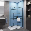 Paroi de douche fixe noir 140x200 cm verre 8mm anticalcaire style moderne avec étagère alu 140 cm et barre fixation 70-120 cm