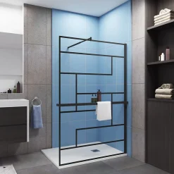 Paroi de douche fixe noir 140x200 cm verre 8mm anticalcaire style moderne avec étagère alu 140 cm et barre fixation 70-120 cm