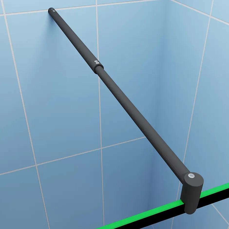 Paroi de douche fixe noir 140x200 cm verre 8mm anticalcaire style moderne avec étagère alu 140 cm et barre fixation 70-120 cm